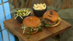 Maria Elia’s Greek pulled duck burger with spiced duck popcorn dish on Saturday Kitchen