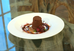 Matt’s caramel filled chocolate fondant with chocolate and caramel sauce on Saturday Kitchen