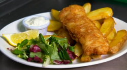 Mark Petrou fish and chips with prosecco wine batter on Meet What You Eat