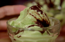 Pea and mint ice cream with chocolate and yoghurt on recipe on Eating Well with Hemsley + Hemsley