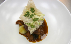 Chris McCormick’s braised pork cheeks starter cooked by Laila on Celebrity MasterChef 2016