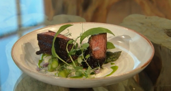 Lisa Allen’s charred hanger steak with asparagus and blue cheese dressing on Saturday Kitchen