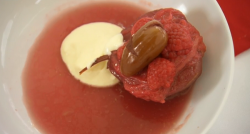 Richard’s poached pears with rhubarb, raspberry and custard dessert on Celebrity Masterchef UK