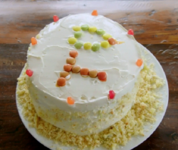 Tilly’s mum 4 layers birthday pinata cake with courgettes and hidden sweets in a secret compartm ...