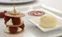 Louise’s brandy stack with raspberries and ginger ice cream dessert on Celebrity Masterchef UK