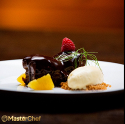 Elise’s chocolate pistachio brownie with chocolate mousse and orange ice cream dessert on  ...