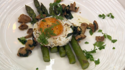 Jimmy Osmond’s duck eggs on asparagus starter on Celebrity Masterchef