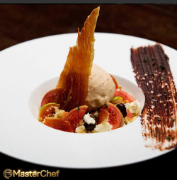 Mimi’s fig ice cream smoked ricotta and prosciutto shards dessert on Masterchef Australia