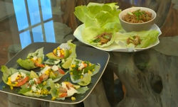 Annabel’s Prawn and mango and pork and water chestnut lettuce cups finger food on Saturday ...