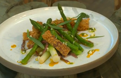 Matt Tebbutt’s lamb breast with asparagus, anchovies and egg vinaigrette dish on Saturday  ...