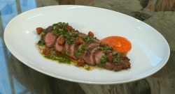 Jun’s Iberico pork pluma with herb vinaigrette and piquillo pepper puree dish on Saturday  ...