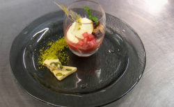 Atul’s rhubarb and pomegranate Bhapa Doi Indian dessert made by Jimmy Osmond on Celebrity  ...