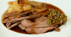 James Martin gran’s mint sauce served with weeping roast lamb and boulangere potatoes dish ...