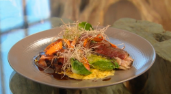 Elizabeth Allen’s beef with koji, creamed corn, grilled lettuce, enoki hay and red wine sa ...