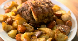 Lorraine Pascale’s slow-roast pork shoulder with roasted vegetables and gravy dish on Home ...