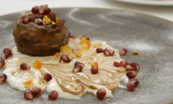 Alexis walnut filo pastry pin wheels with pomegranate dessert  on Celebrity Masterchef UK