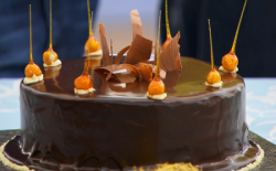 Andrew’s chocolate coated mirror glaze cake on The Great British Bake Off