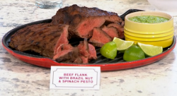 Andy Bates beef flank with Brazil nut and spinach pisto Brazilian dish on Sunday Brunch