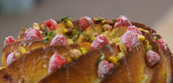 Candice’s raspberry and rhubarb drizzle cake on The Great British Bake Off