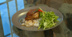 Andrea Oliver’s pork belly with coconut rice and green apple slaw dish on Saturday Kitchen