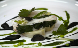 Frances Atkins’ brill with peas, black garlic, squid ink and langoustine dish on Yes Chef