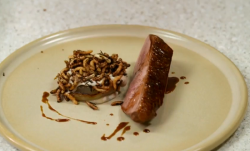 Matt’s pan-fried duck with crispy onions dish on Yes Chef