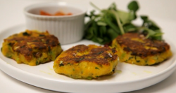 Atul and Chris’s cumin potato cakes with green salad dish on Yes Chef