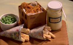 Jackie’s fish and chips supper with short bread chips on The Great British Bake Off: An Ex ...