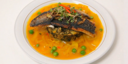 Chris’s sea bass with coconut curry dish on Yes Chef