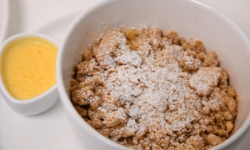 Green team’s rhubarb and ginger crumble dessert on Yes chef