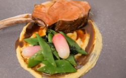 Luke’s rack of lamb with chick pea puree and lamb ju dish on Yes Chef