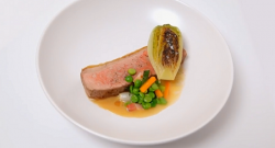 Bryn’s roast loin of lamb with gem lettuce, peas and smoked bacon dish on Yes chef