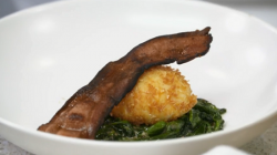 Mary Ann Gilchrist’s deep fried poached eggs with crispy bacon and spinach on Yes Chef