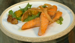 Michel Roux Jr. salmon fillet with ceps and green sauce dish on Saturday Kitchen