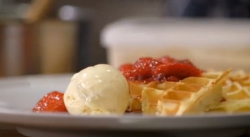 James Martin waffles with strawberry compote and ice cream dessert on Saturday Kitchen