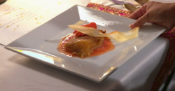 Sarah and Ramjan’s cassava cake with strawberry coulis dessert on My Kitchen Rules