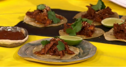 Chicken with black mole sauce Mexican tacos on Sunday Brunch