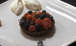 Karen and Alex’s forest tart with berries and Chantilly cream on My Kitchen Rules