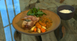 Matt’s roast partridge, with game crumbs, bread sauce, and roasted vegetables dish on Satu ...