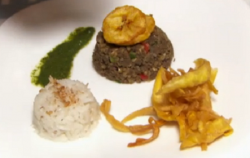 Rebecca and Nansai’s haggis Tropicana and coconut rice dish on My Kitchen Rules