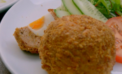 Lorenzo Richards Scotch egg with jerk seasoning on The Hairy Bikers Chicken and Egg food series