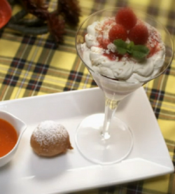 Rebecca and Nansai’s mango and raspberry cranachan, puff puffs and sweet pepper dipping sa ...