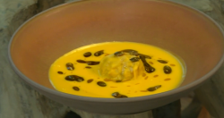 Brad’s Pheasant dumplings with squash broth and pumpkin oil dish on Saturday kitchen