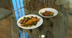 Omar’s red mullet with Spanish stir fry and  sweet and sour bacon vinaigrette side dish on ...