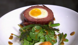 Ben and Dan’s Scotch Egg and Devilled Egg starter with South Carolina Sauce on My Kitchen  ...