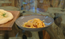 Donal’s spaghetti carbonara  with garlic bread dish on Saturday kicthen