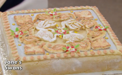 Jane’s Tudor showstopper swan cake with marzipan on The Great British Bake Off