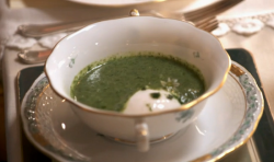 Catherine and Debbie’s Hampshire watercress soup with poached egg and wild garlic oil on M ...