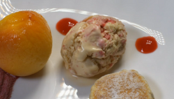 Laura and Louis’ raspberry Welsh cake with poached peaches and ice cream dessert on My Kit ...