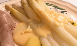 Susan’s white asparagus with hollandaise sauce and ham served to Rick Stein in Germany on  ...